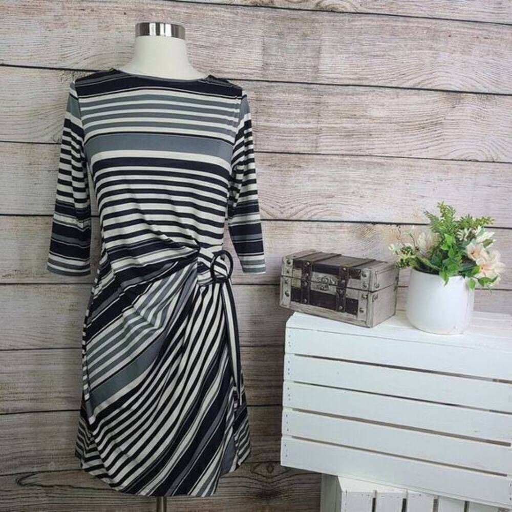 Shelby & Palmer Long Sleeve Dress Womens Size S Black White Striped Mini Belt